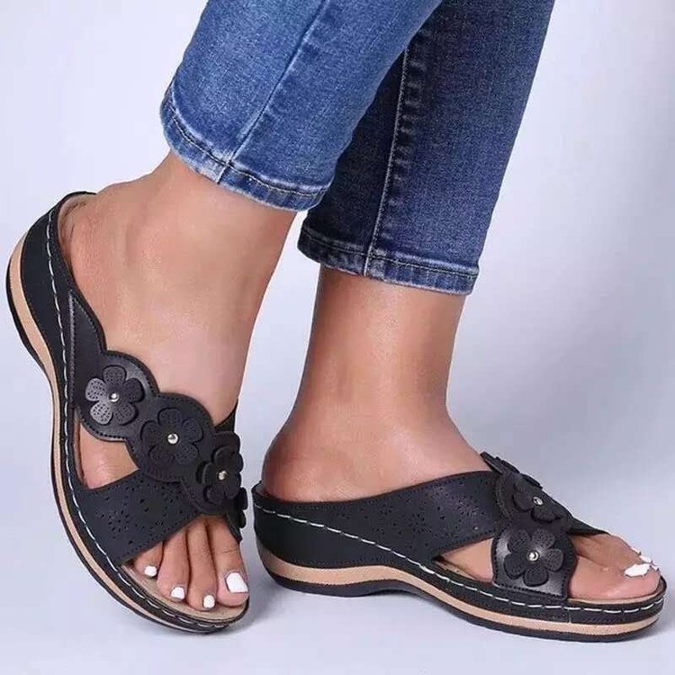 Retro Flower Sandals – Low Slope Heel & Cross Strap - AmiraMart