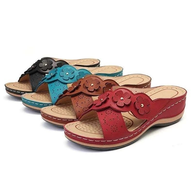 Retro Flower Sandals – Low Slope Heel & Cross Strap - AmiraMart