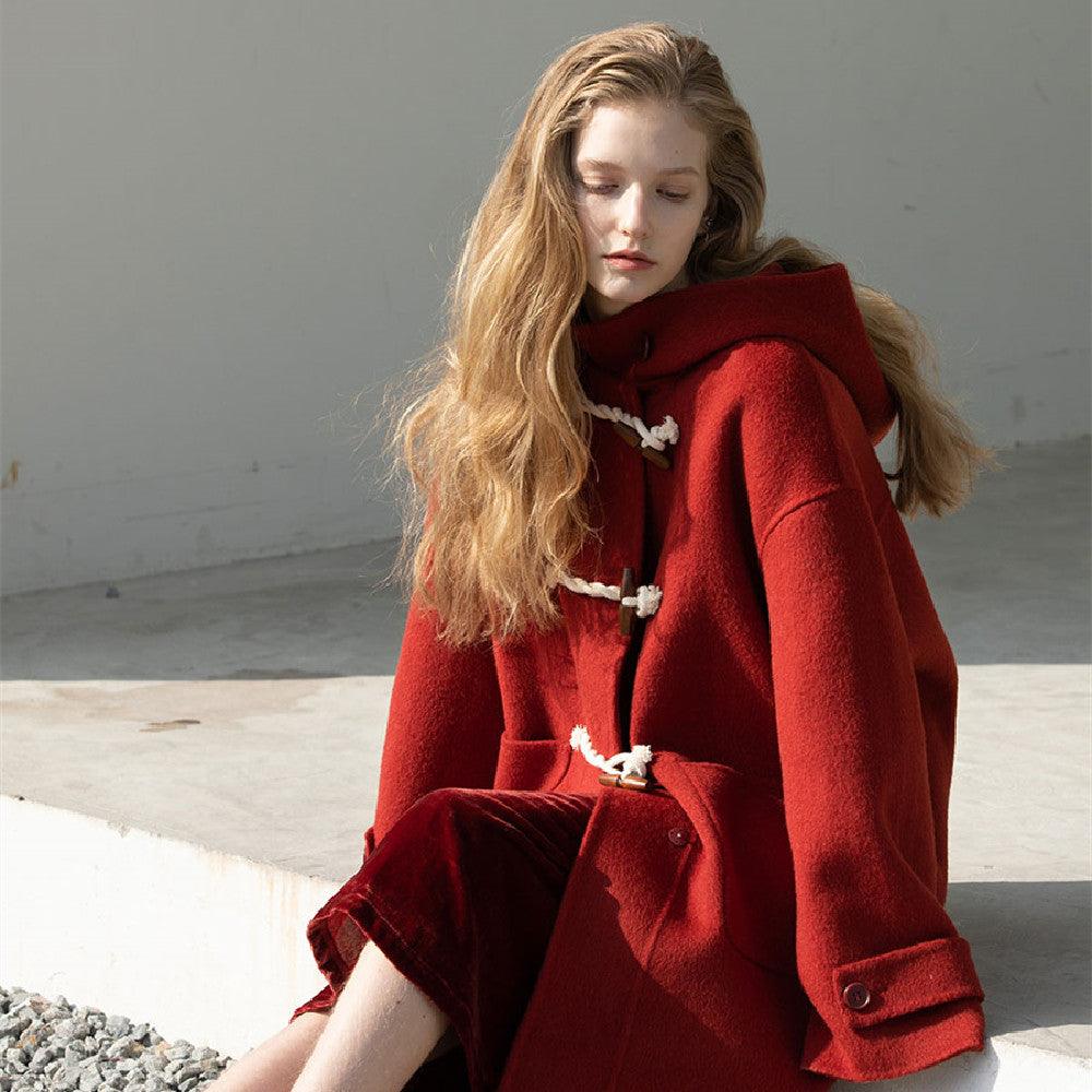 Retro Red Wool Double Faced Woolen Coat Women - AmiraMart