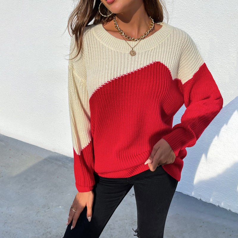 Round Neck Contrast Stitching Pullover Sweater - AmiraMart