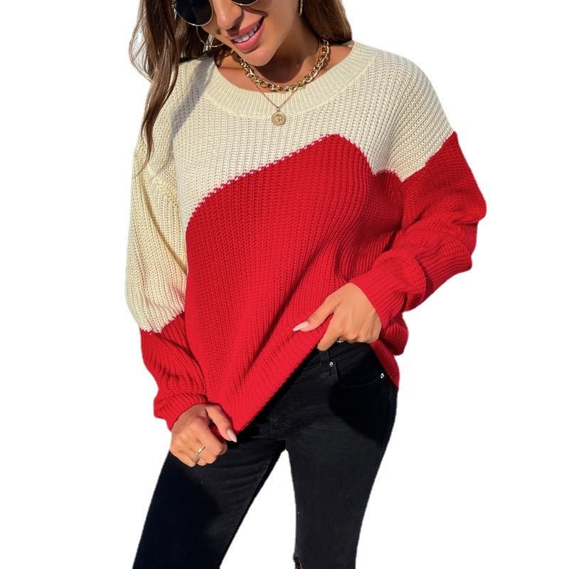 Round Neck Contrast Stitching Pullover Sweater - AmiraMart