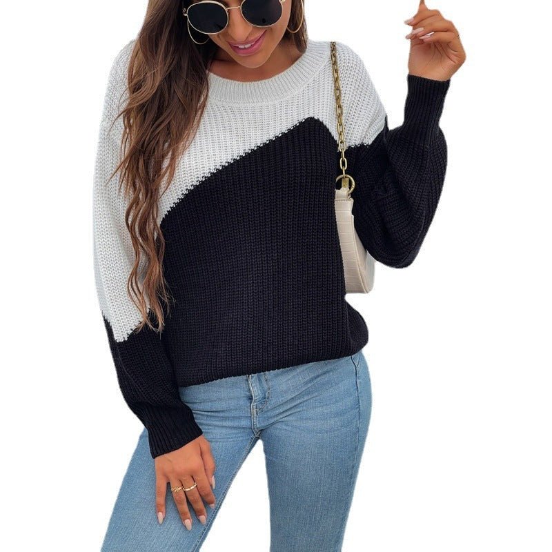 Round Neck Contrast Stitching Pullover Sweater - AmiraMart