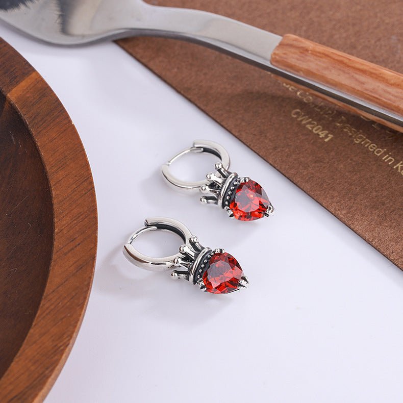S925 Silver Crown Peach Heart Vintage Earrings - AmiraMart