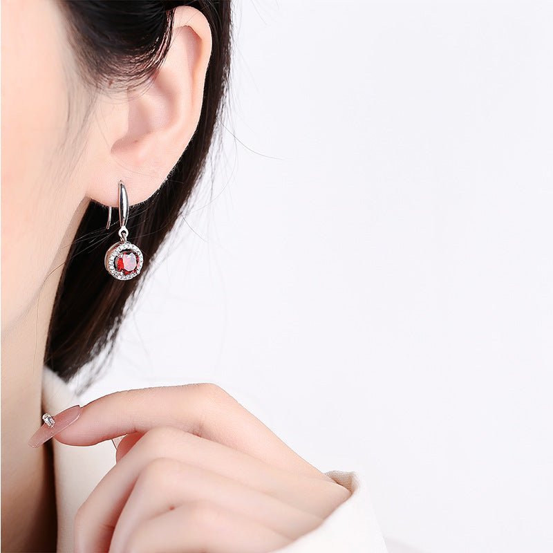 S925 Silver Pomegranate Red Round Earrings - AmiraMart