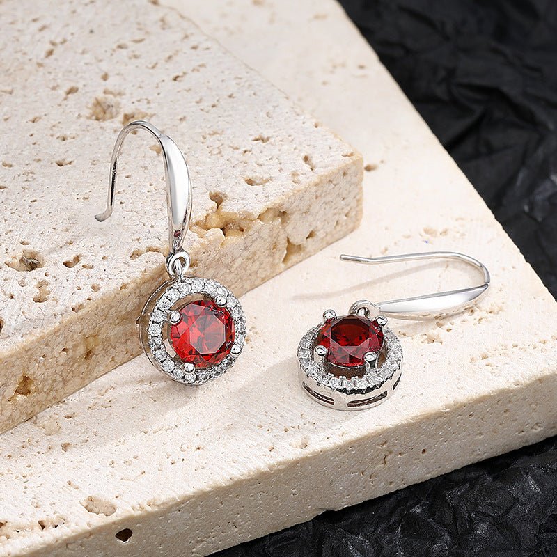 S925 Silver Pomegranate Red Round Earrings - AmiraMart