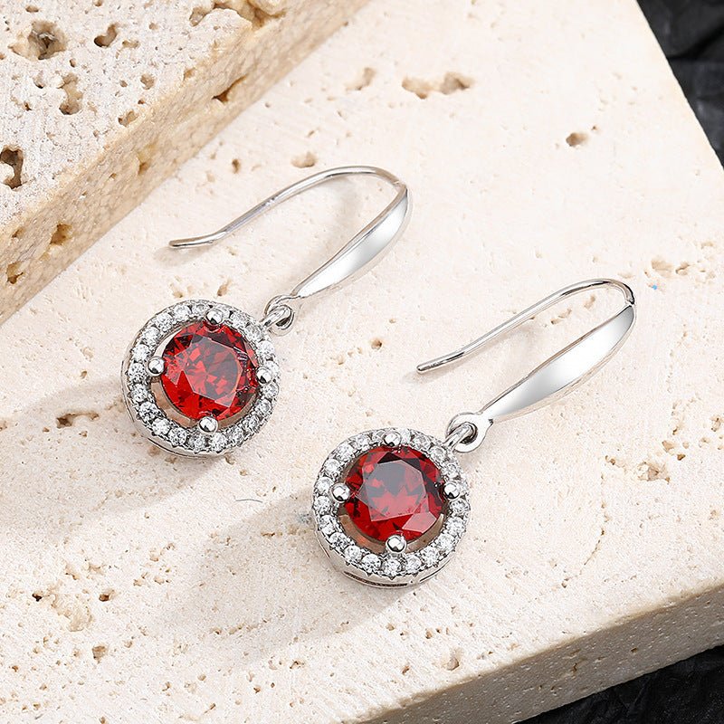 S925 Silver Pomegranate Red Round Earrings - AmiraMart
