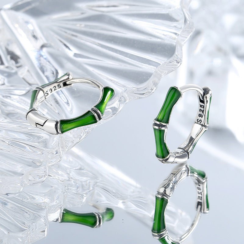 S925 Sterling Silver Green Bamboo Earrings - AmiraMart