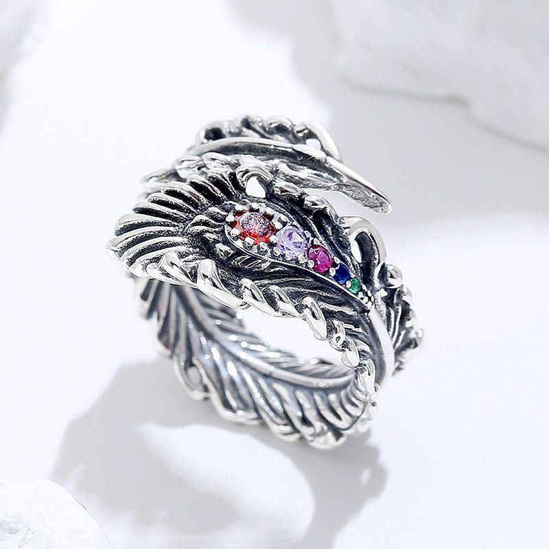 S925 Sterling Silver Peacock Feather Ring | Retro Elegance - AmiraMart