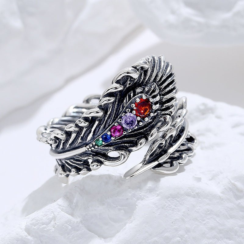 S925 Sterling Silver Peacock Feather Ring | Retro Elegance - AmiraMart