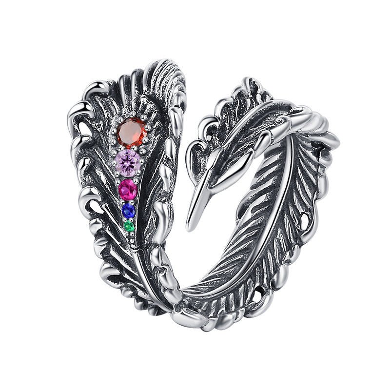 S925 Sterling Silver Peacock Feather Ring | Retro Elegance - AmiraMart