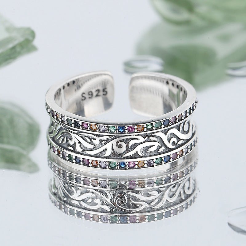 S925 Sterling Silver Retro Tang Grass Rattan Flower Ring - AmiraMart