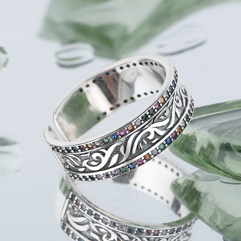 S925 Sterling Silver Retro Tang Grass Rattan Flower Ring - AmiraMart