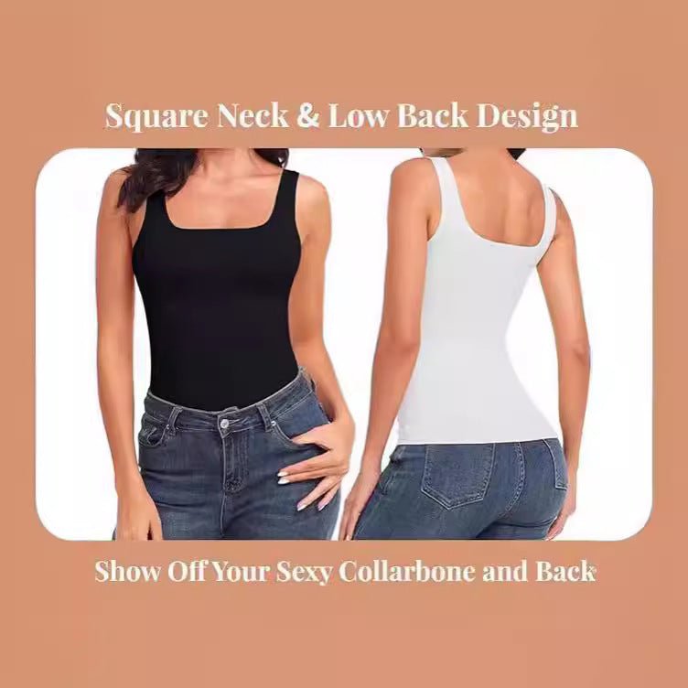 Seamless Square Collar Compression Slim Strap Top - AmiraMart