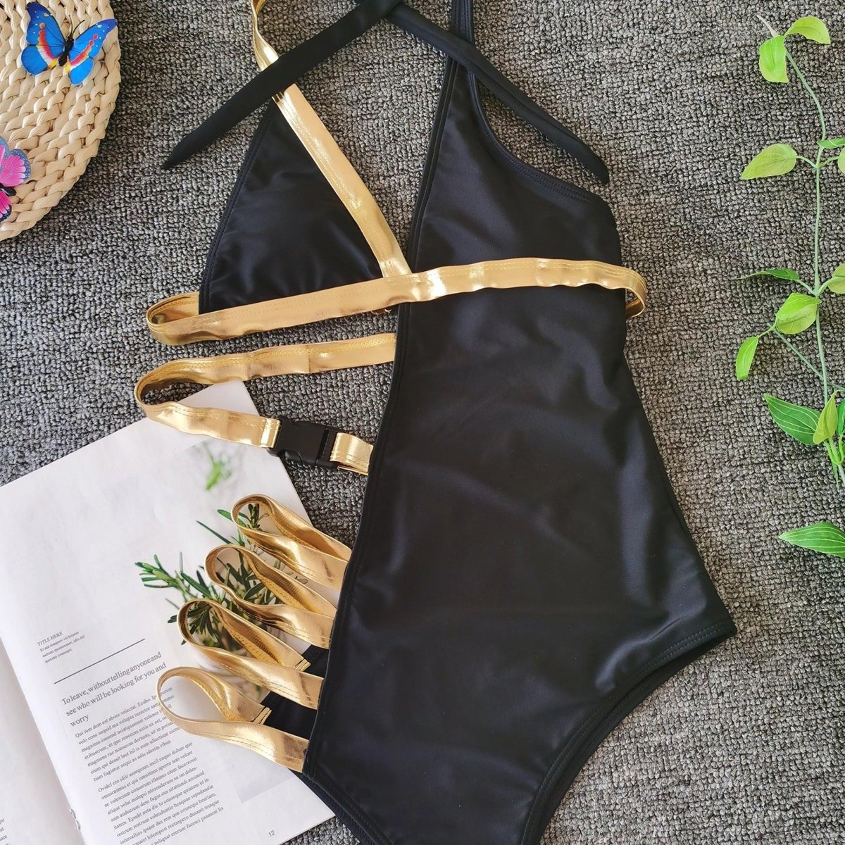 Sexy Stitching Bandage Belt Buckle One - piece Bikini - AmiraMart