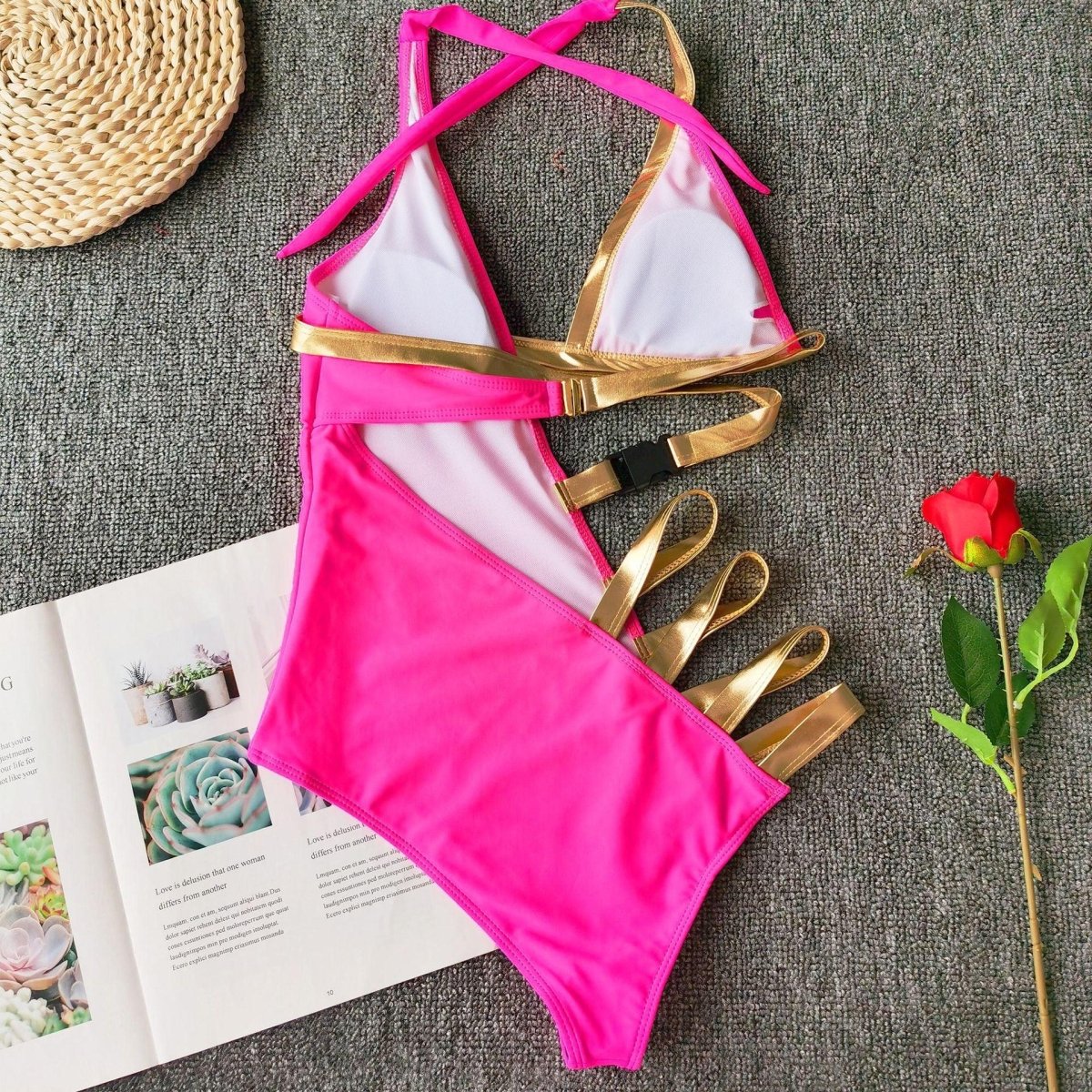 Sexy Stitching Bandage Belt Buckle One - piece Bikini - AmiraMart