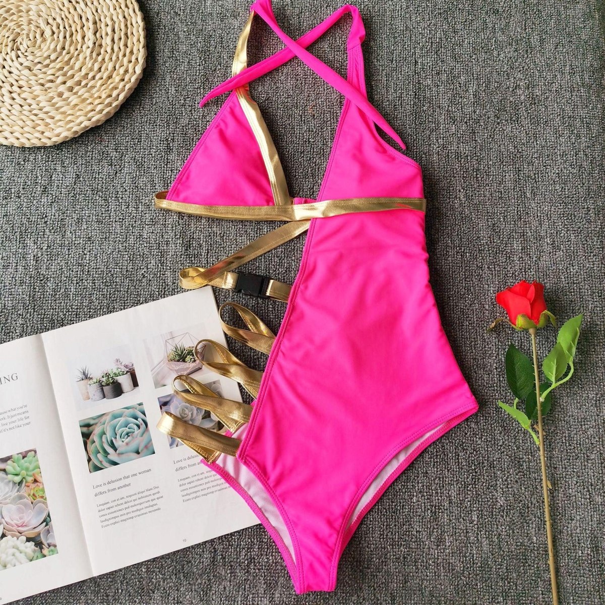 Sexy Stitching Bandage Belt Buckle One - piece Bikini - AmiraMart
