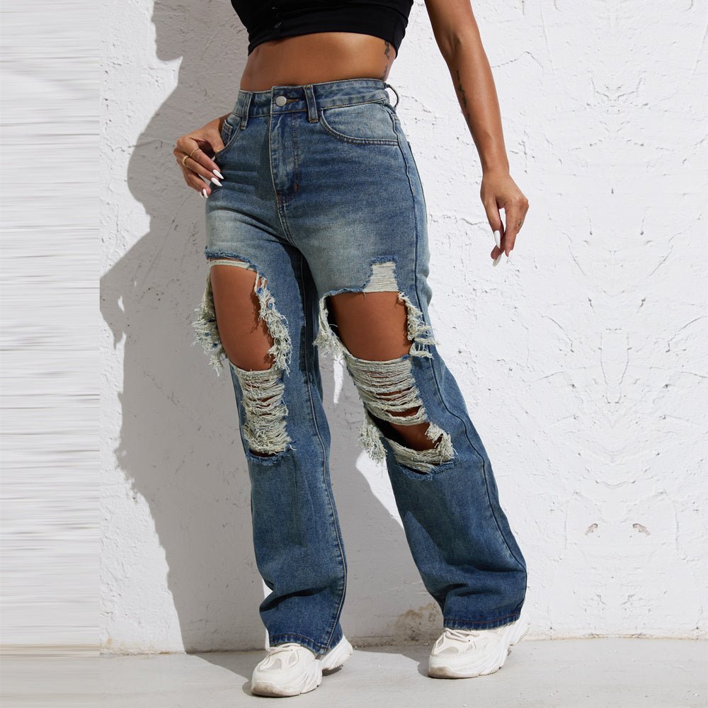Ripped Retro Stright Leg Jeans - AmiraMart