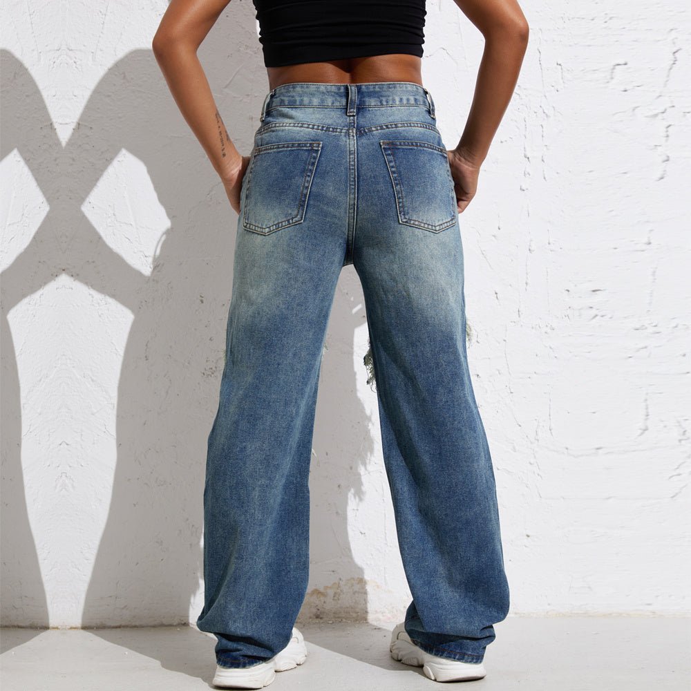 Ripped Retro Stright Leg Jeans - AmiraMart