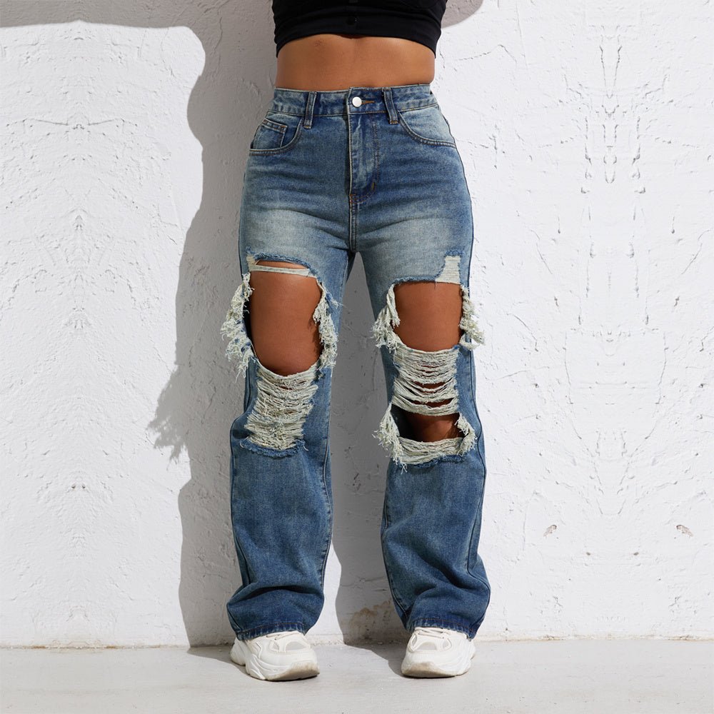 Ripped Retro Stright Leg Jeans - AmiraMart