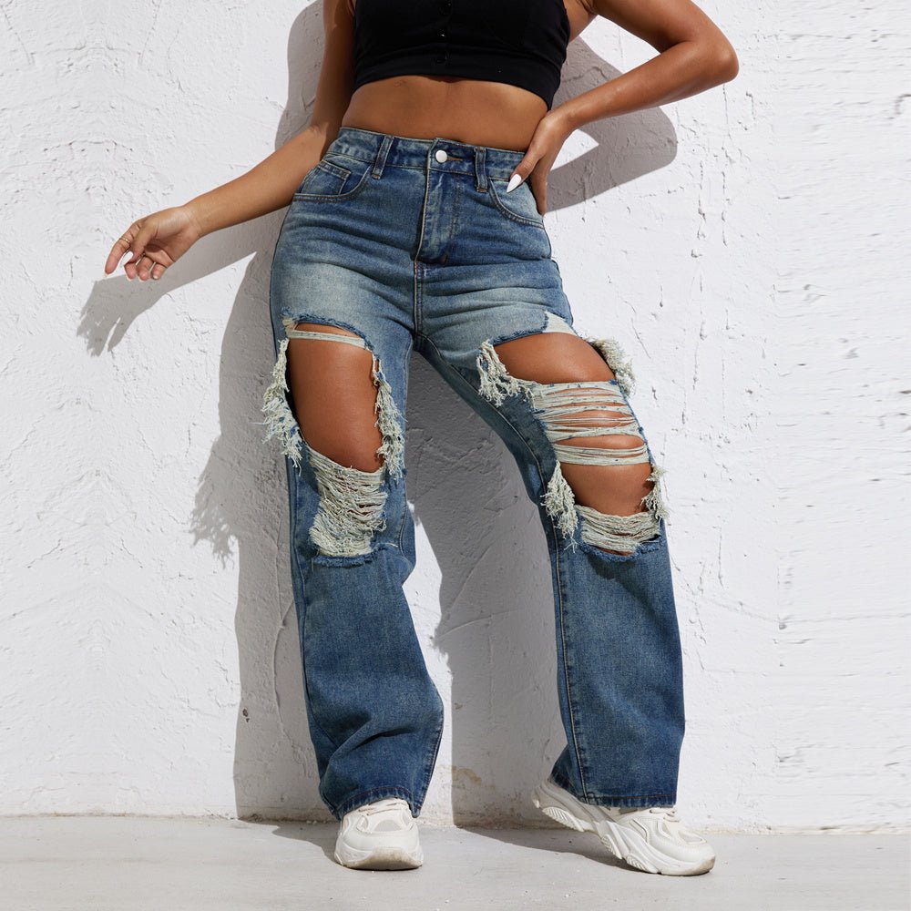 Ripped Retro Stright Leg Jeans - AmiraMart