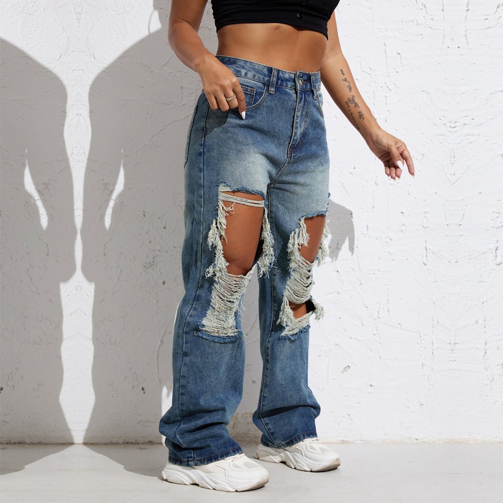 Ripped Retro Stright Leg Jeans - AmiraMart