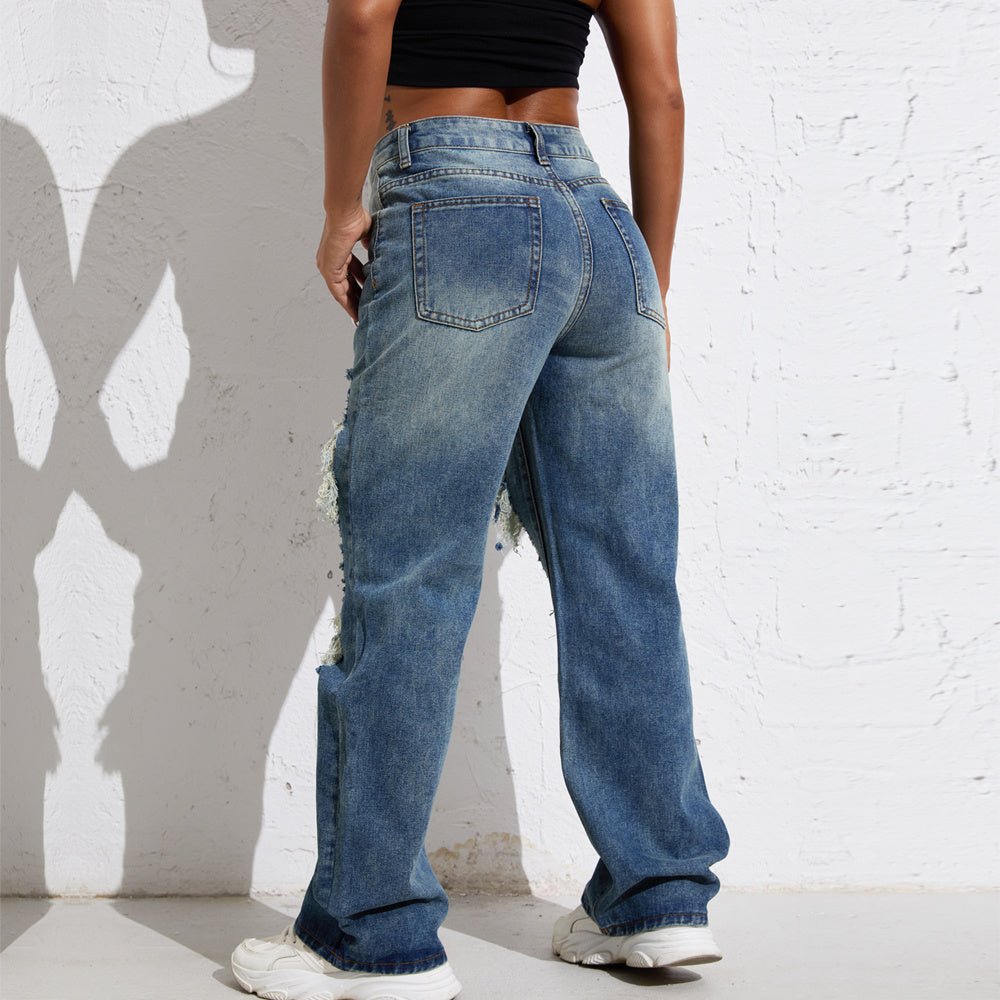 Ripped Retro Stright Leg Jeans - AmiraMart