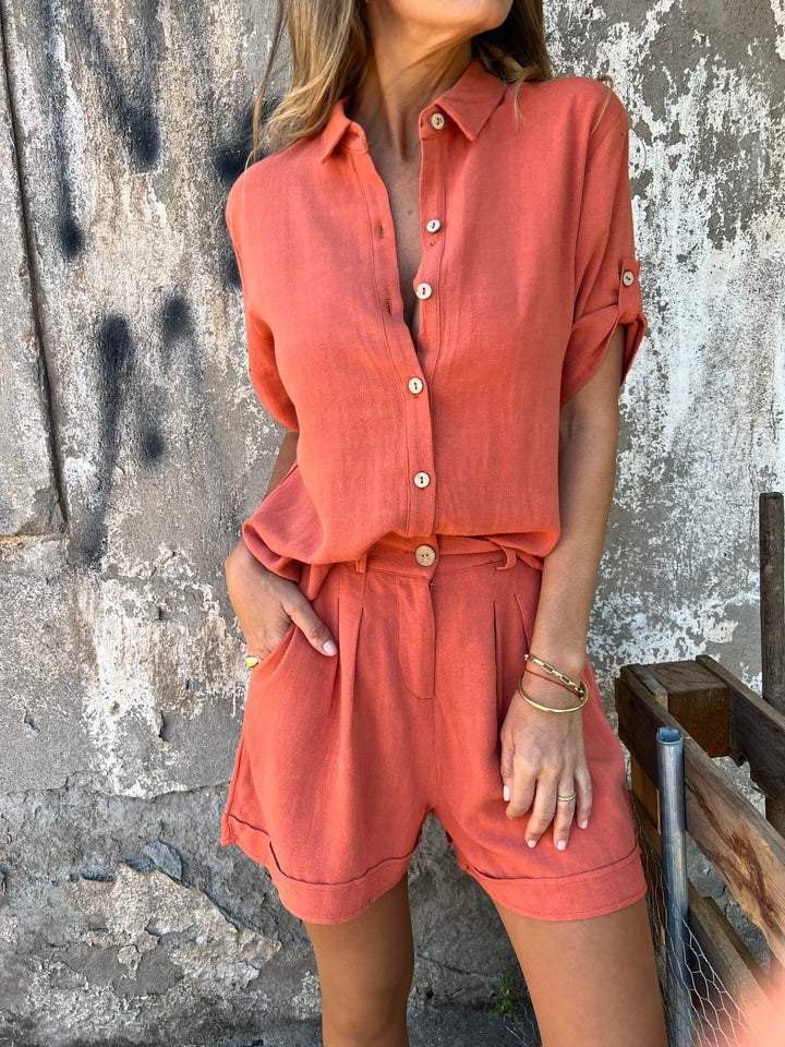 Short - sleeved Suits Fashion Lapel Button Shirt Top And Pocket Shorts Women's Clothing - AmiraMart