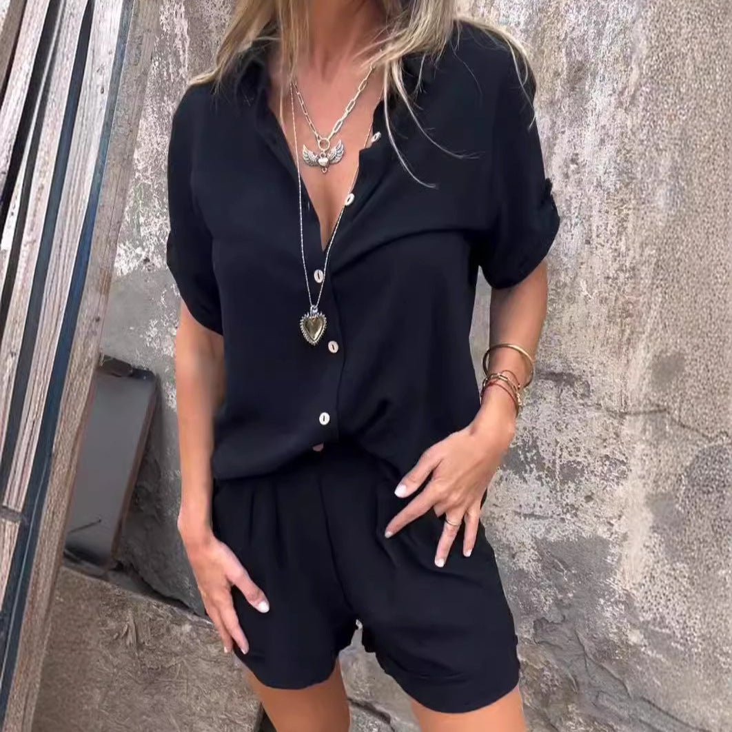 Short - sleeved Suits Fashion Lapel Button Shirt Top And Pocket Shorts Women's Clothing - AmiraMart