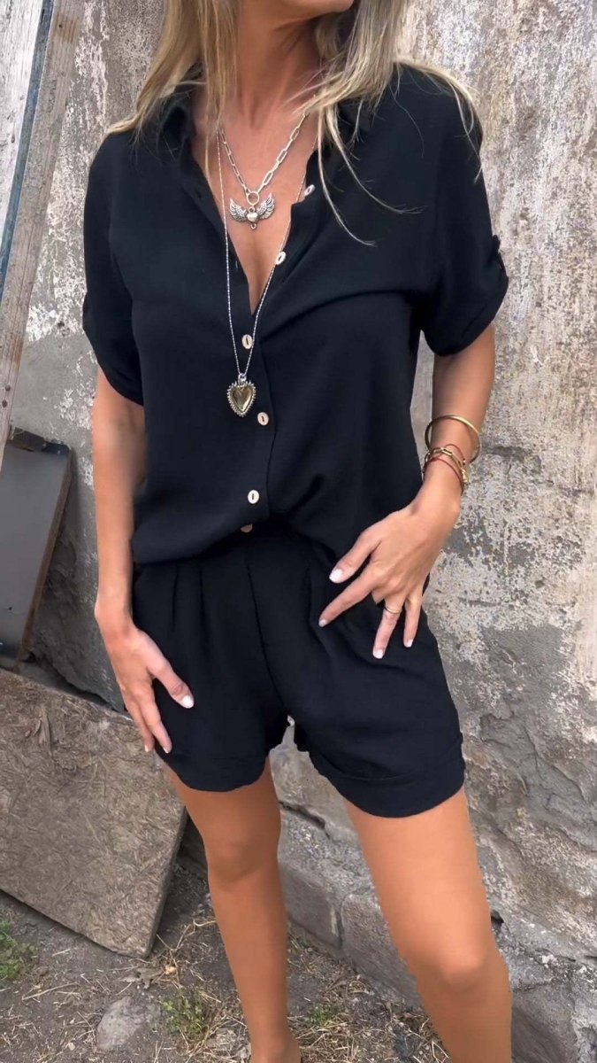 Short - sleeved Suits Fashion Lapel Button Shirt Top And Pocket Shorts Women's Clothing - AmiraMart