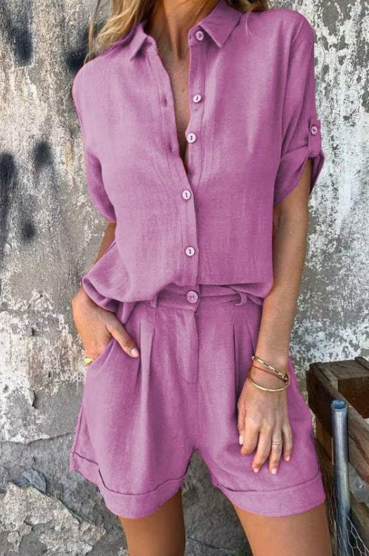 Short - sleeved Suits Fashion Lapel Button Shirt Top And Pocket Shorts Women's Clothing - AmiraMart