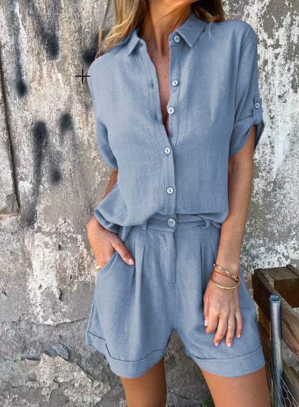 Short - sleeved Suits Fashion Lapel Button Shirt Top And Pocket Shorts Women's Clothing - AmiraMart