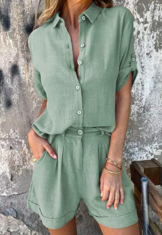 Short - sleeved Suits Fashion Lapel Button Shirt Top And Pocket Shorts Women's Clothing - AmiraMart