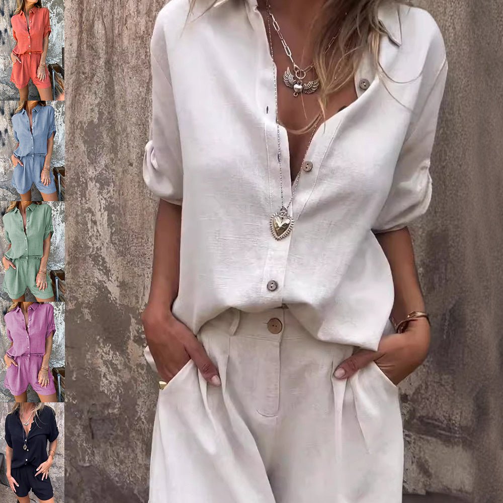 Short - sleeved Suits Fashion Lapel Button Shirt Top And Pocket Shorts Women's Clothing - AmiraMart