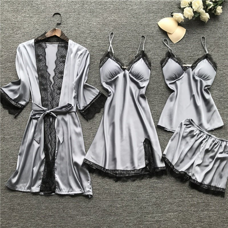 Silk pajama four piece set - AmiraMart