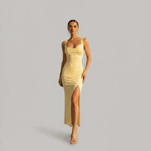 Slim Sleeveless Dress – Back Tie & High Slit Design - AmiraMart