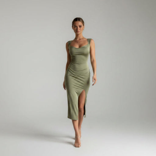 Slim Sleeveless Dress – Back Tie & High Slit Design - AmiraMart