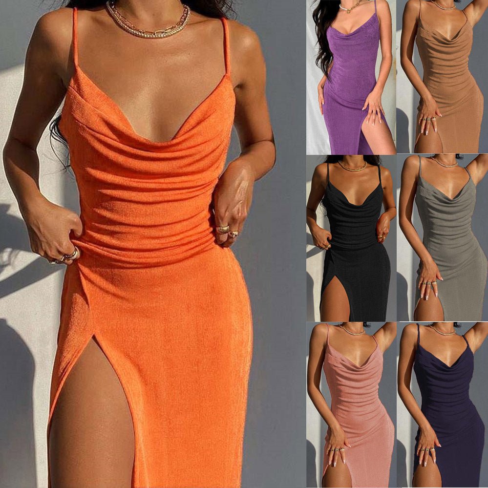 Smooth Knitted Women's Slit Suspender Dress - AmiraMart