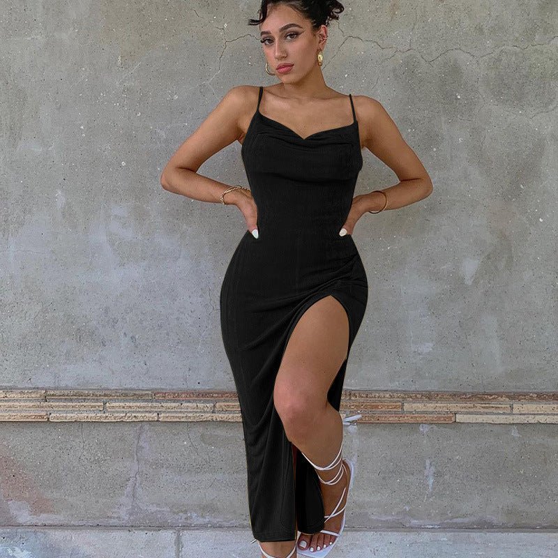 Smooth Knitted Women's Slit Suspender Dress - AmiraMart