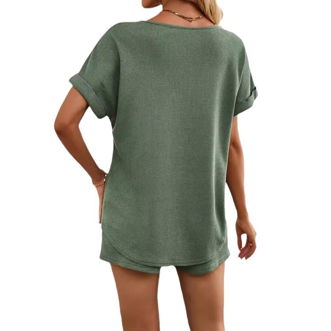 Solid Color Elegant Two - piece V - neck Turned Cuff Casual Lace Up Shorts Suit - AmiraMart