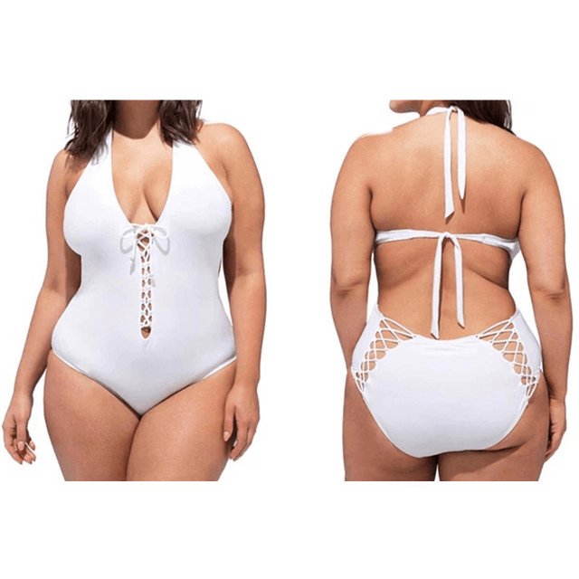 Solid color lanyard with lanyard one - piece swimsuit - AmiraMart