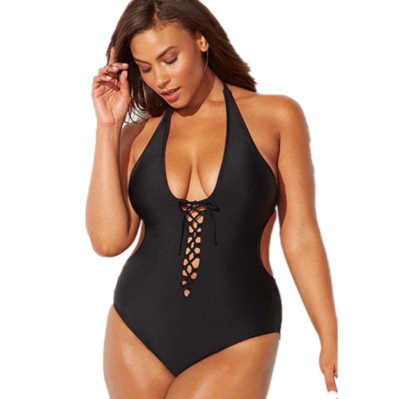 Solid color lanyard with lanyard one - piece swimsuit - AmiraMart