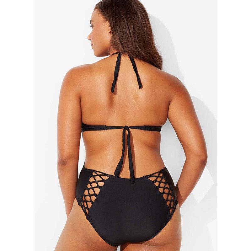 Solid color lanyard with lanyard one - piece swimsuit - AmiraMart