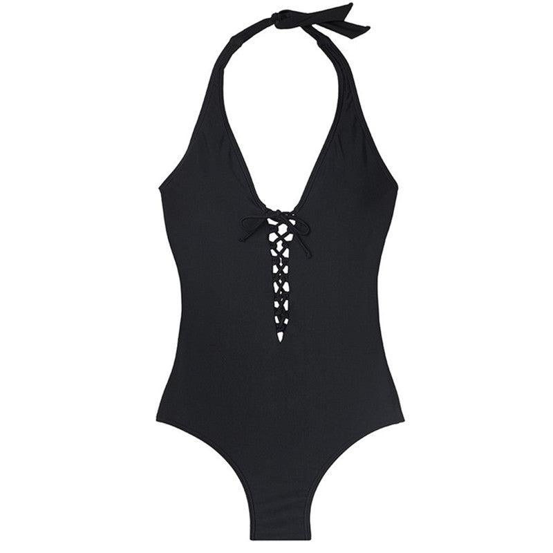 Solid color lanyard with lanyard one - piece swimsuit - AmiraMart