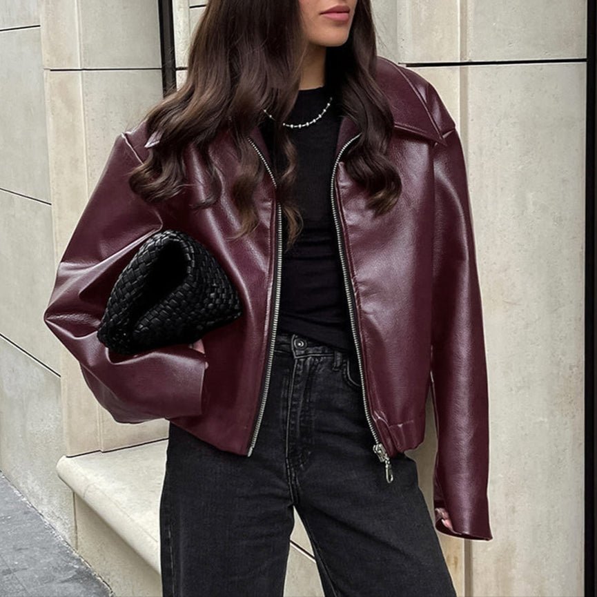 Solid Color Lapel Zipper Jacket Fashion Casual Long Sleeve Leather Coat Tops Women Clothing - AmiraMart