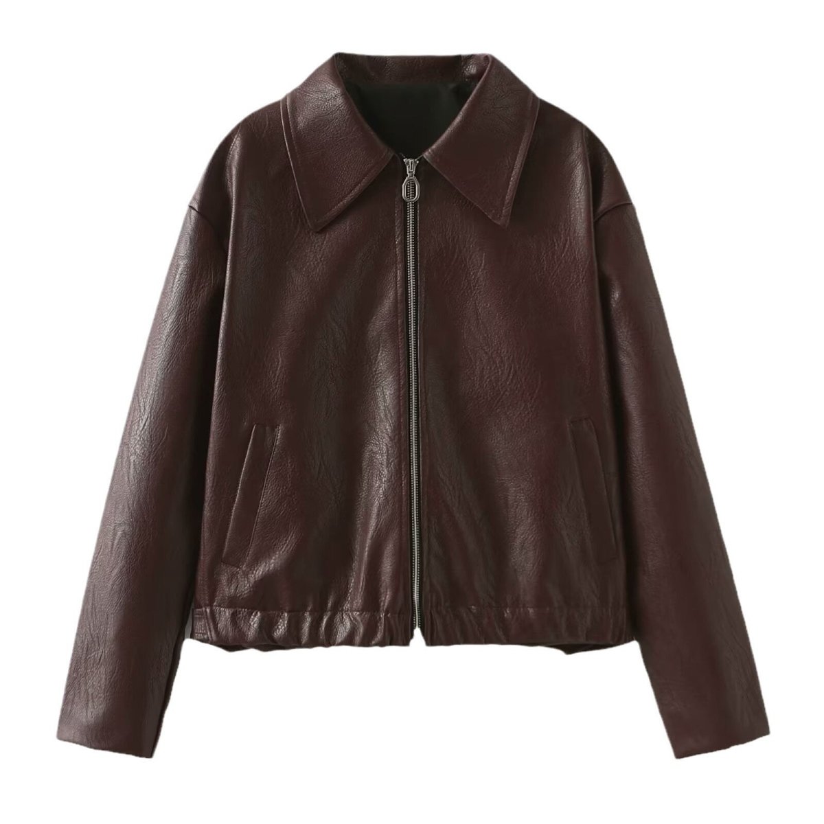 Solid Color Lapel Zipper Jacket Fashion Casual Long Sleeve Leather Coat Tops Women Clothing - AmiraMart