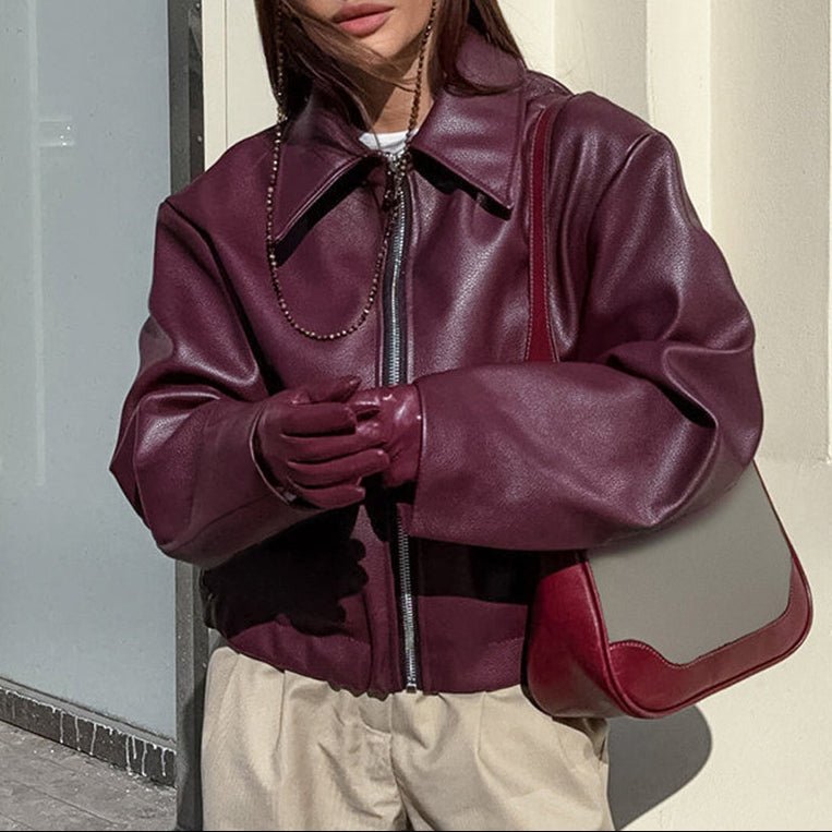 Solid Color Lapel Zipper Jacket Fashion Casual Long Sleeve Leather Coat Tops Women Clothing - AmiraMart