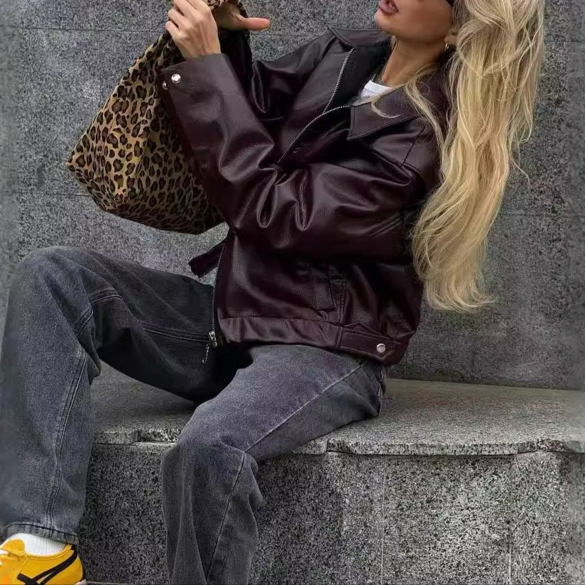 Solid Color Lapel Zipper Jacket Fashion Casual Long Sleeve Leather Coat Tops Women Clothing - AmiraMart