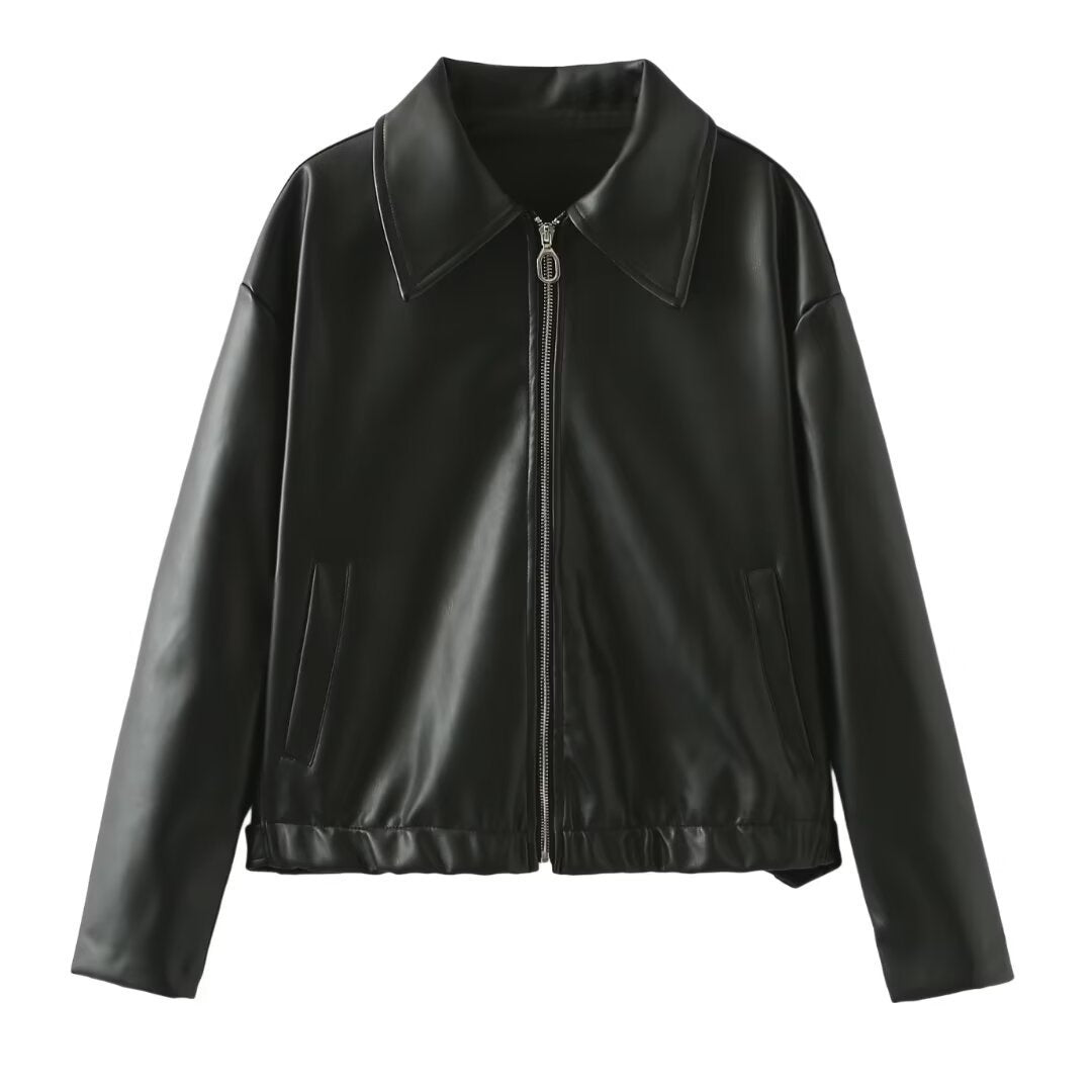Solid Color Lapel Zipper Jacket Fashion Casual Long Sleeve Leather Coat Tops Women Clothing - AmiraMart