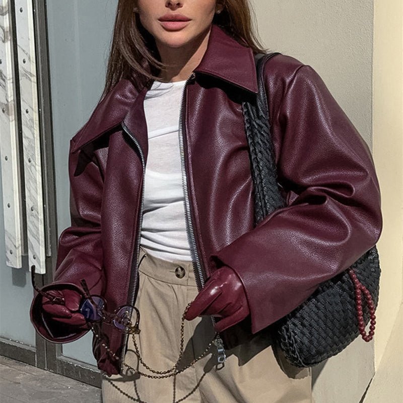 Solid Color Lapel Zipper Jacket Fashion Casual Long Sleeve Leather Coat Tops Women Clothing - AmiraMart