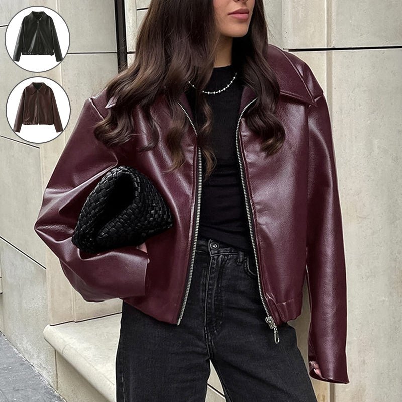 Solid Color Lapel Zipper Jacket Fashion Casual Long Sleeve Leather Coat Tops Women Clothing - AmiraMart